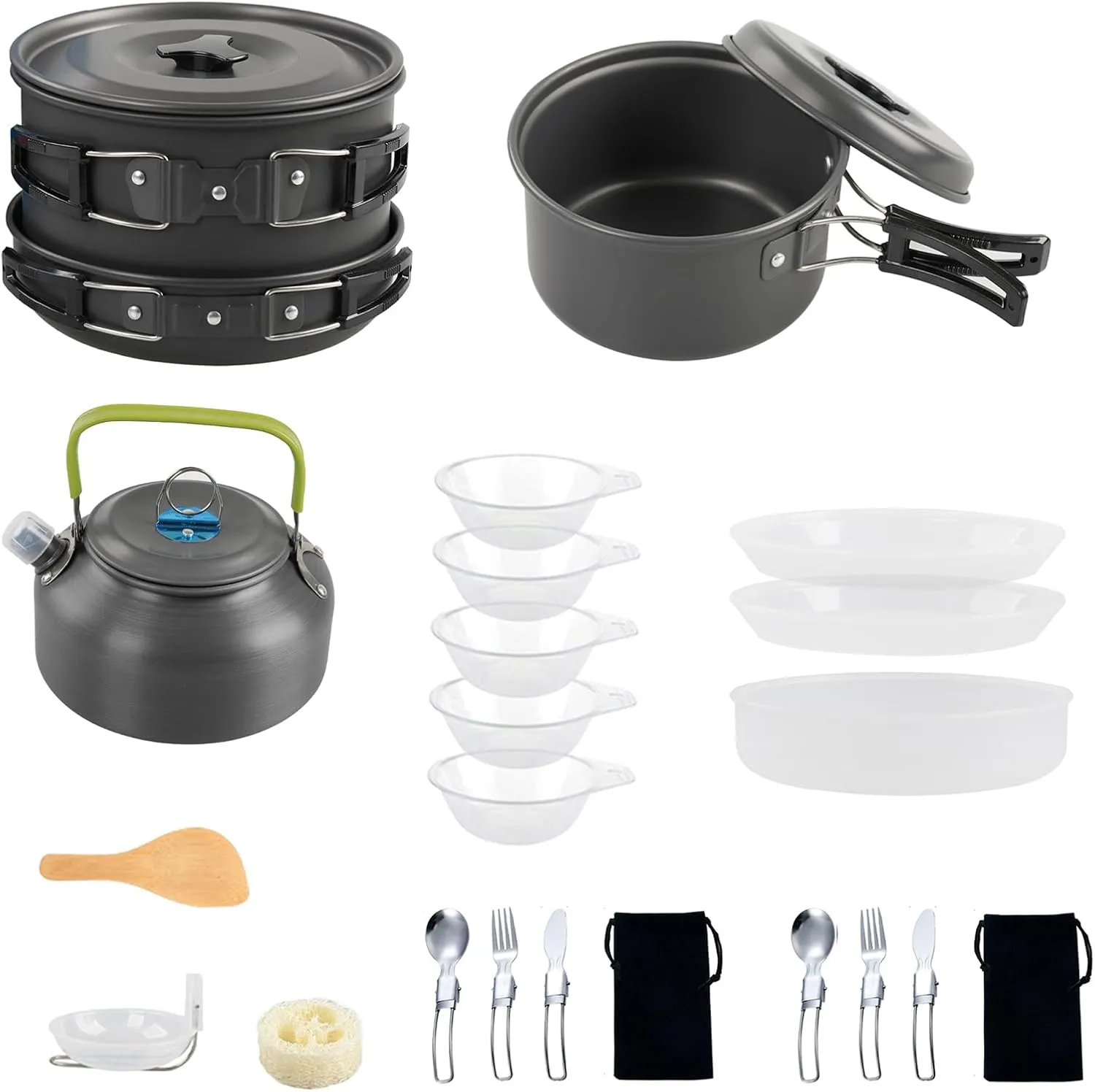 Camping Cookware Mess Kit Non-Stick Pot and Pan Set with Kettle for Camping Hiking Backpacking
