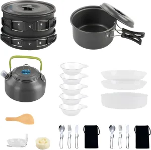 Camping Cookware Mess Kit Non-Stick Pot and Pan Set with Kettle for Camping Hiking Backpacking
