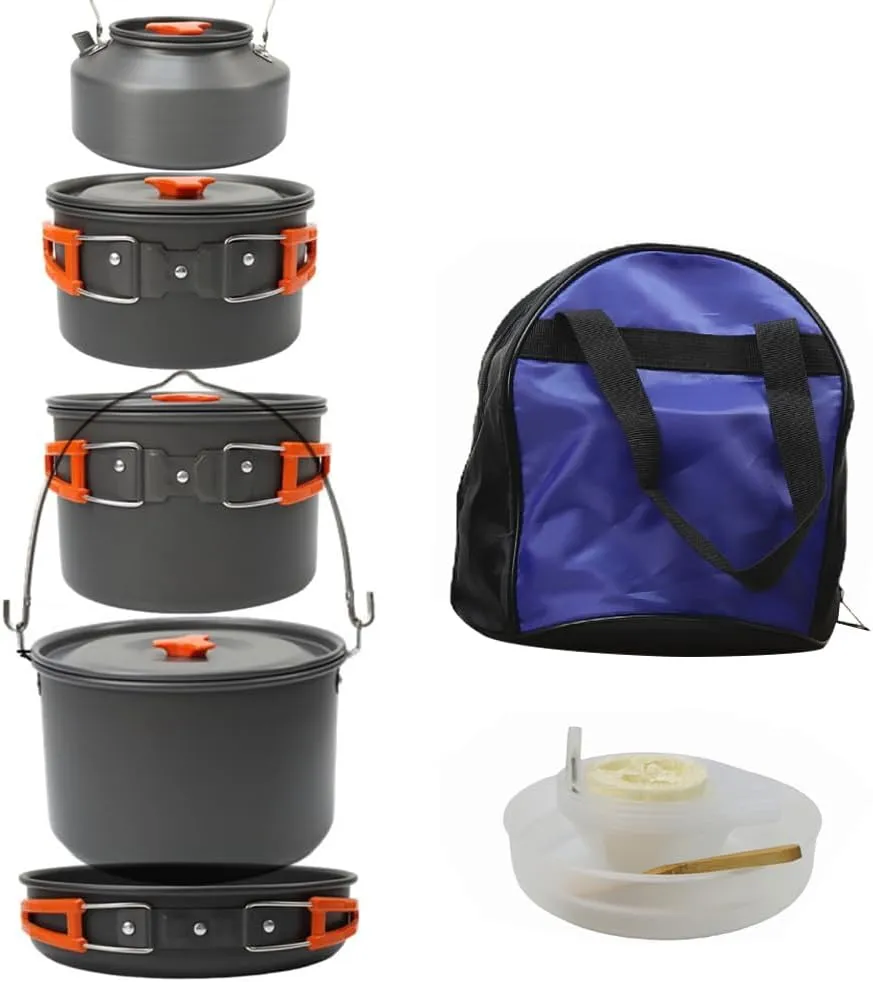 Camping COOKWARE Set Portable Outdoor Dishes Utensils Aluminum Pot Boiling Kettle Frying PAN DINNERWARE Picnic Tableware for 5-8 Person