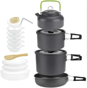 Camping Cookware,9pcs Camping Cookware Mess Kit,Durable Hard Alumina Camping Cooking Setfor Backpacking, Outdoor Cooking Hiking and Picnicking，Included Mesh Carry Bag.