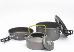 Camping Backpack Tableware Set - Outdoor Cookware Pot, Frying Pan, Teapot & Kettle, Lightweight Aluminum Survival Hiking Military Boiler for Picnic & Camping (2-3 Person)
