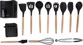 Camping Cookware, 13Pcs Camping Cookware Set Heat Resistant Wooden Handle Safe Odorless Black Picnic Cookware Kit with Rack Storage Box