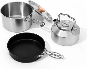 Camping Cookware Set 304 Stainless Steel 3pcs, Camping Pots,Tea Kettle, with Storage Carrying Bag, for Camping, Trekking, Backpacking
