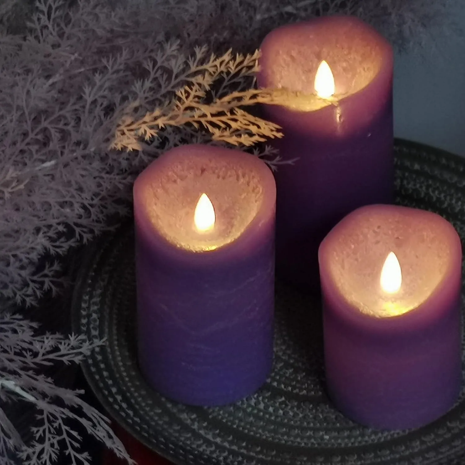 CANDLE CHOICE Battery Operated Flameless Candles with Timer Real Wax Realistic Flickering Electric LED Pillars Automatic Built-in Daily Cycle 6-hour on 18-hour off 3 PCS Rustic Texture Lavender Purple