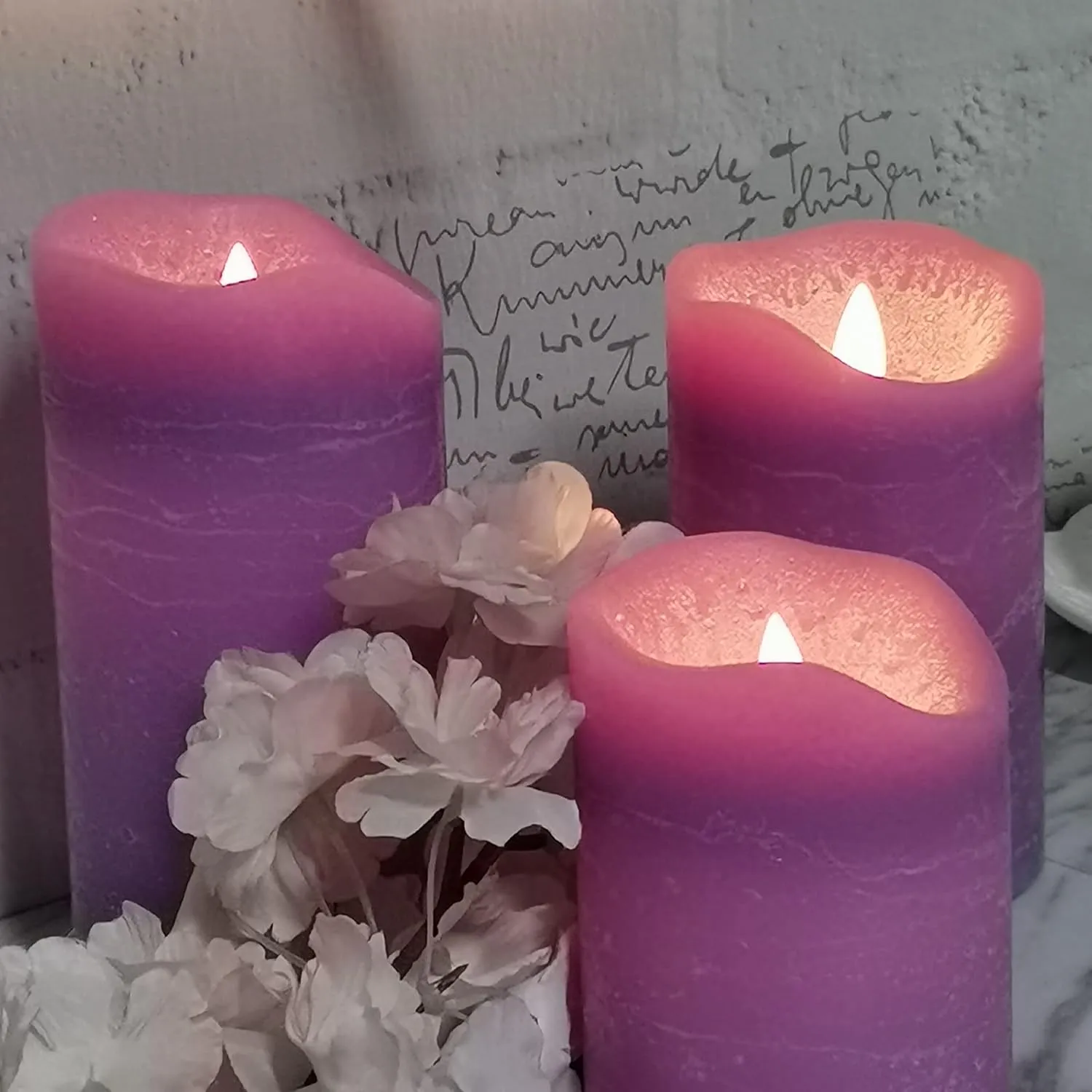 CANDLE CHOICE Battery Operated Flameless Candles with Timer Real Wax Realistic Flickering Electric LED Pillars Automatic Built-in Daily Cycle 6-hour on 18-hour off 3 PCS Rustic Texture Lavender Purple