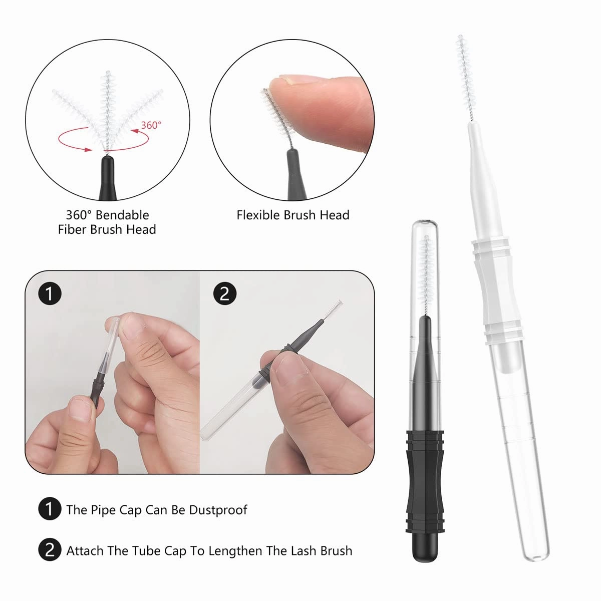 CANIPHA 200 Pcs Micro Eyebrow Brush With Cap, Multifunctional Spoolie Brow Lamination 2 Size Spooly Lash Mascara Comb for Eyelash Lift Extensions Clean(White, Black)