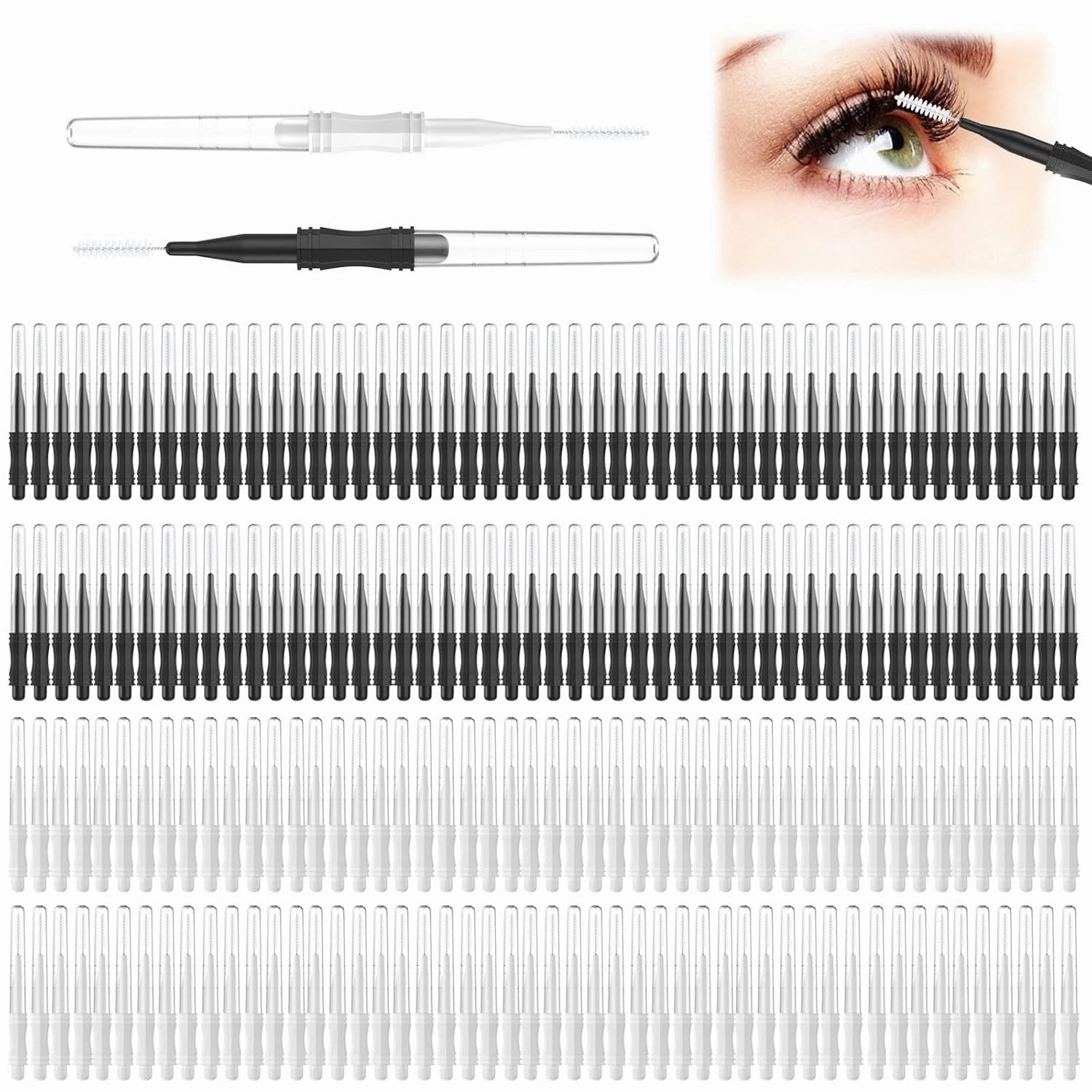 CANIPHA 200 Pcs Micro Eyebrow Brush With Cap, Multifunctional Spoolie Brow Lamination 2 Size Spooly Lash Mascara Comb for Eyelash Lift Extensions Clean(White, Black)
