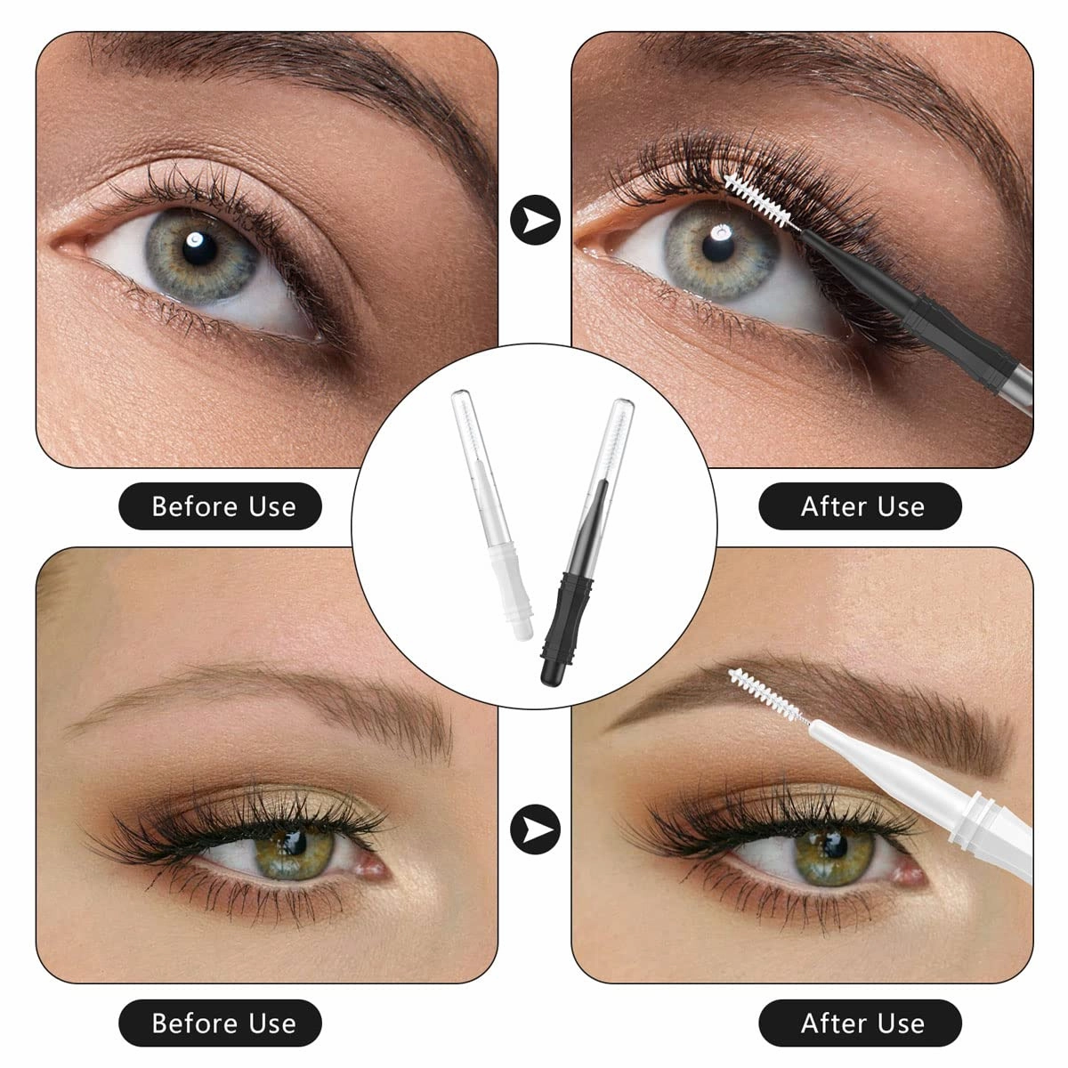 CANIPHA 200 Pcs Micro Eyebrow Brush With Cap, Multifunctional Spoolie Brow Lamination 2 Size Spooly Lash Mascara Comb for Eyelash Lift Extensions Clean(White, Black)