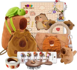 Capybara Plush Gifts for Girls 4 5 6 7 8 9 10  Years Old, Kids Cute Capybara Toys with Stuffed Animal/Keychain/Bag/Bath Towel/Hair Pins/Bracelet/Headband, Christmas Birthday Plush Toys Set
