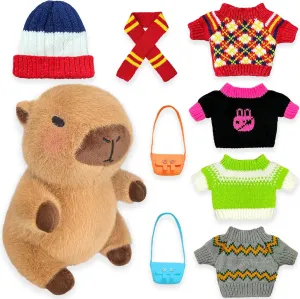 Capybara Plush Toy with 7 Pcs Clothes & Accessories, Cute Capybara Stuffed Animal with Outfits (red)