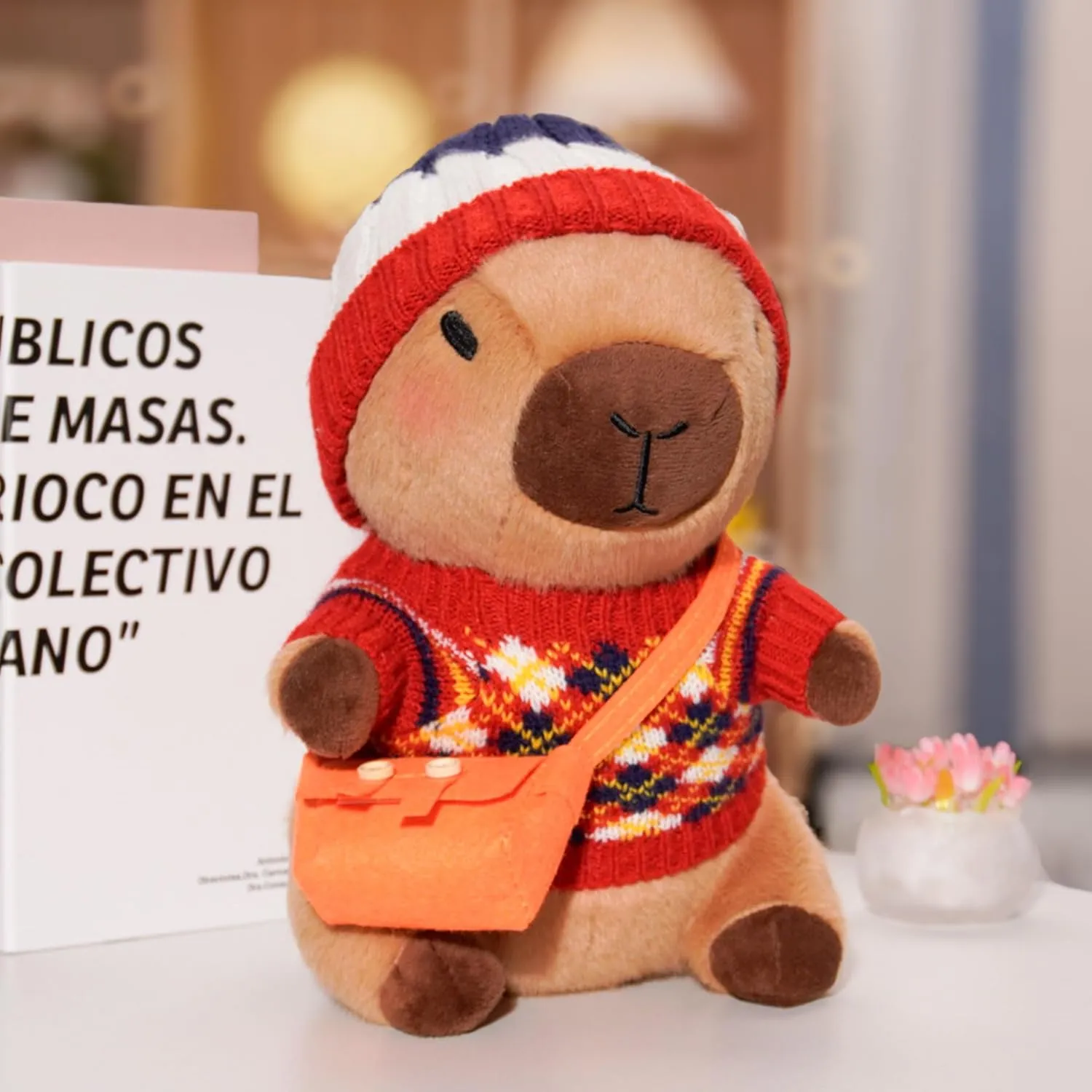 Capybara Plush Toy with 7 Pcs Clothes & Accessories, Cute Capybara Stuffed Animal with Outfits (red)