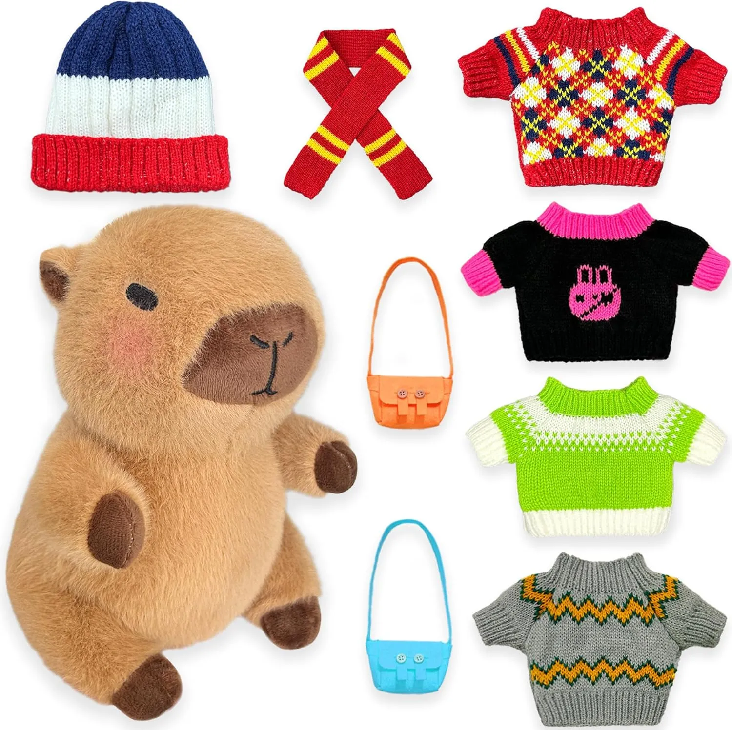 Capybara Plush Toy with 7 Pcs Clothes & Accessories, Cute Capybara Stuffed Animal with Outfits (red)