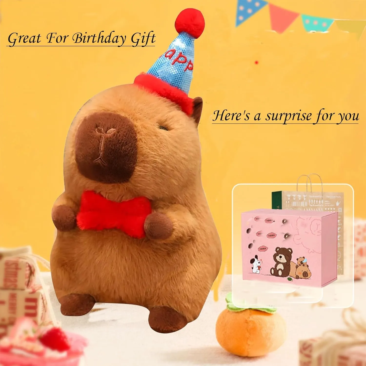 Capybara Plush with Happy Hat Bow 9 inch Cute Capibara Stuffed Animal Party Decoration Soft Plushies Toys Kawaii Birthday Gifts for Kids Brown