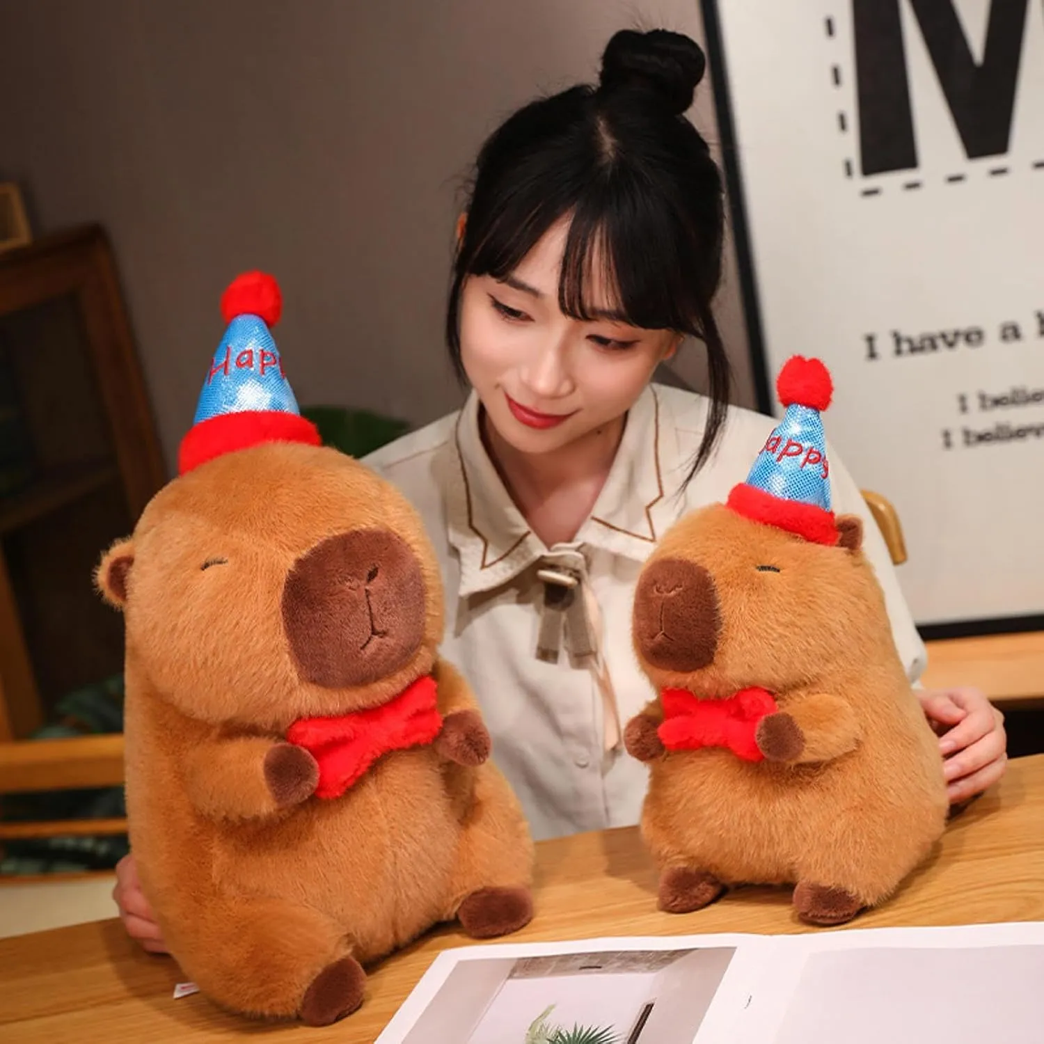 Capybara Plush with Happy Hat Bow 9 inch Cute Capibara Stuffed Animal Party Decoration Soft Plushies Toys Kawaii Birthday Gifts for Kids Brown