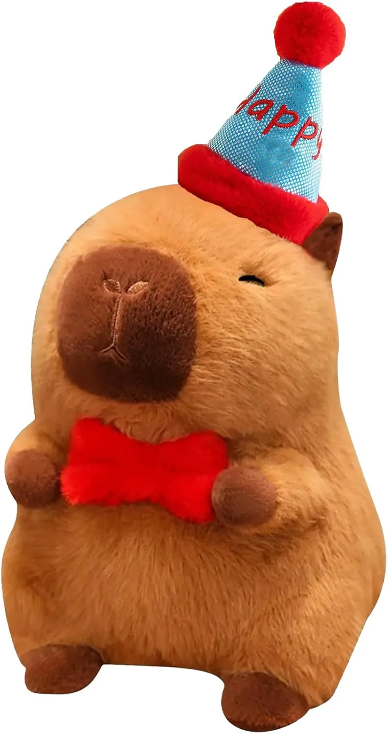 Capybara Plush with Happy Hat Bow 9 inch Cute Capibara Stuffed Animal Party Decoration Soft Plushies Toys Kawaii Birthday Gifts for Kids Brown