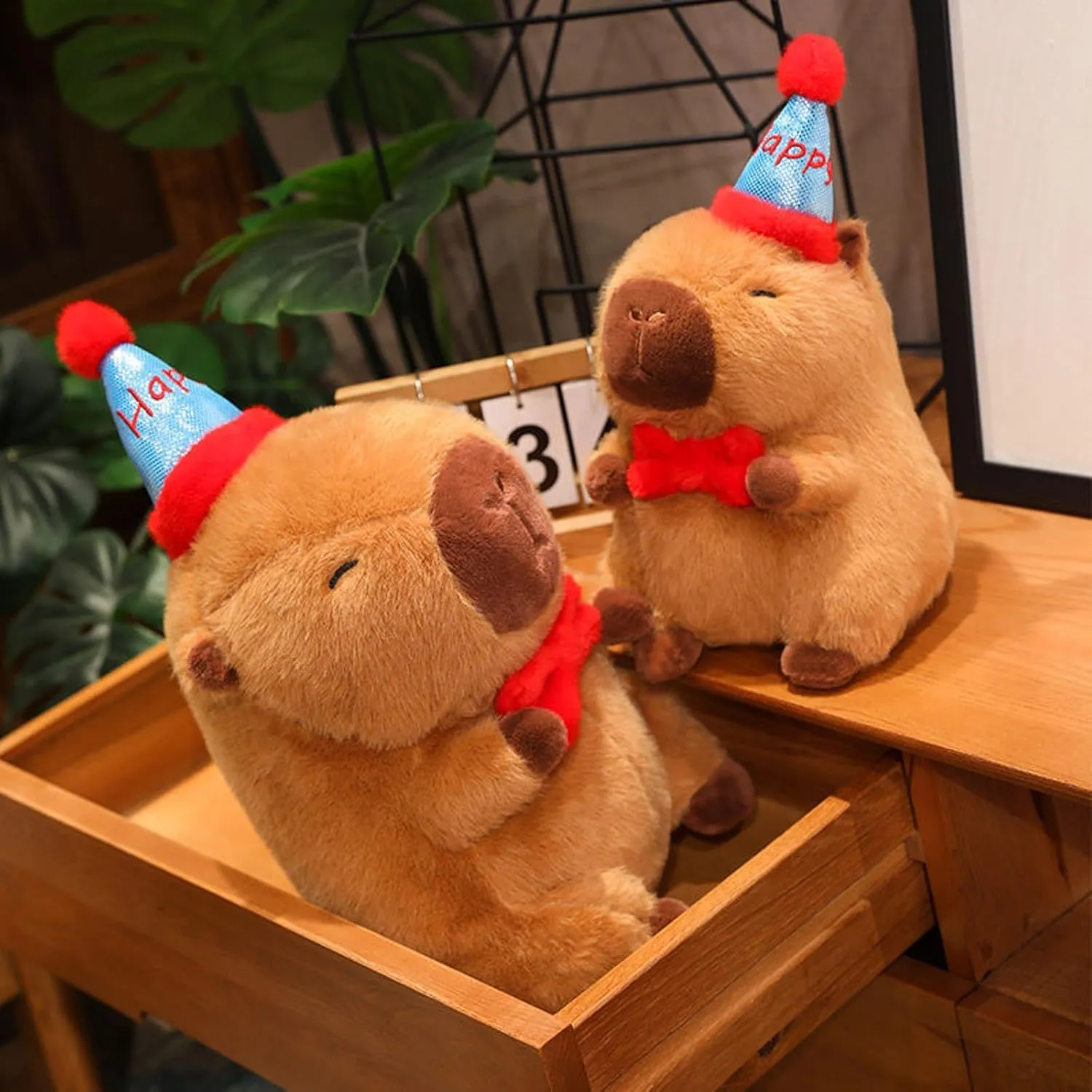 Capybara Plush with Happy Hat Bow 9 inch Cute Capibara Stuffed Animal Party Decoration Soft Plushies Toys Kawaii Birthday Gifts for Kids Brown