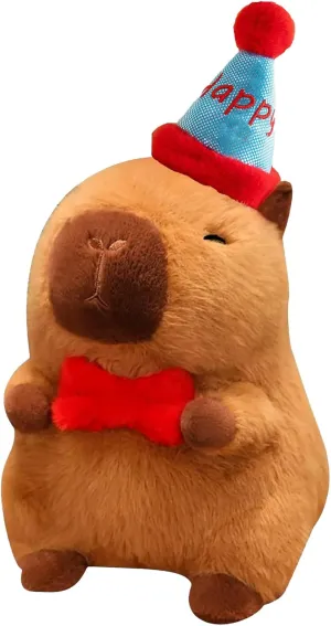 Capybara Plush with Happy Hat Bow 9 inch Cute Capibara Stuffed Animal Party Decoration Soft Plushies Toys Kawaii Birthday Gifts for Kids Brown