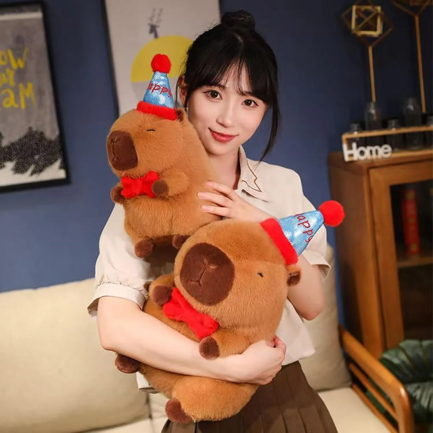 Capybara Plush with Happy Hat Bow 9 inch Cute Capibara Stuffed Animal Party Decoration Soft Plushies Toys Kawaii Birthday Gifts for Kids Brown