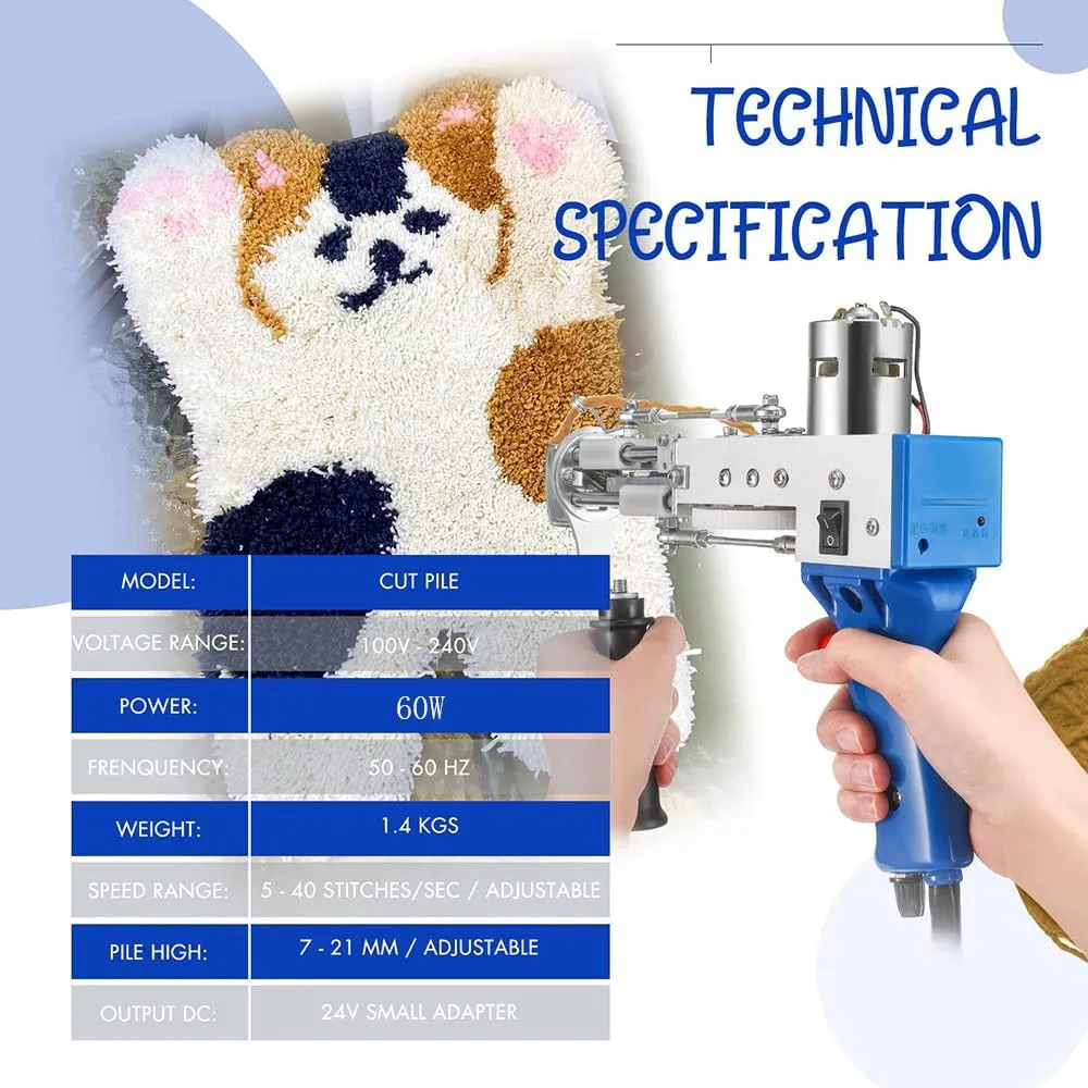 Carpet Tufting Machine,Cut Pile/Loop Pile 2-in-1 Electric Tufter,5-40 Needles/Second Adjustable Speed, 360° Rotating Ergonomic Handle,for Tufting Craft Lovers,Carpet/Tapestry DIY Tools,Blue