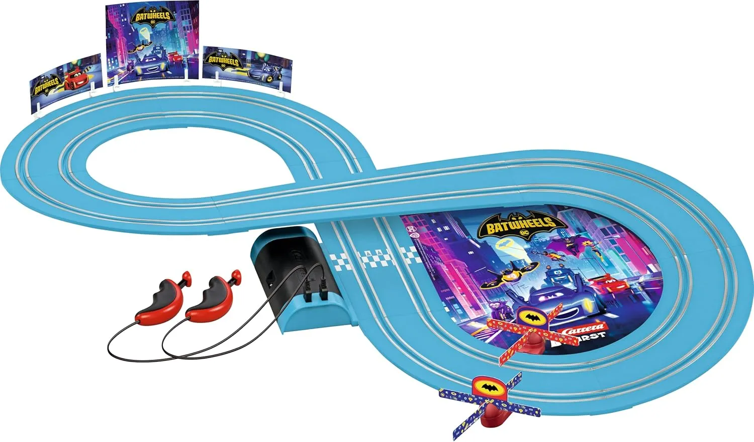 Carrera First Batwheels - Time for Action Slot Car Race Track with Spinners Includes Bam and Redbird Cars Battery-Powered Beginner Racing Set Kids Ages 3 Years Up