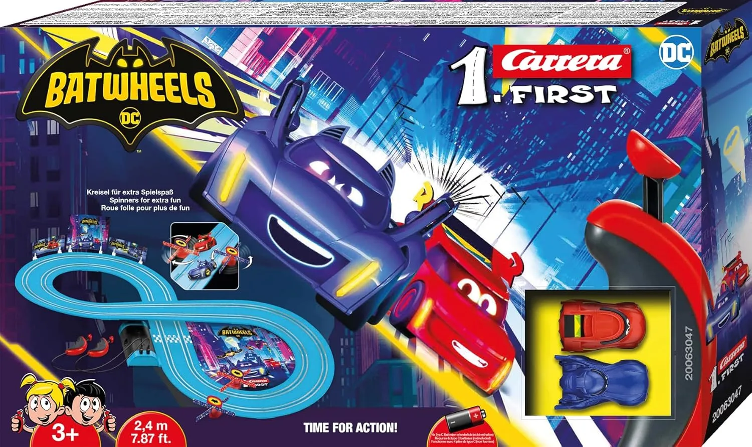 Carrera First Batwheels - Time for Action Slot Car Race Track with Spinners Includes Bam and Redbird Cars Battery-Powered Beginner Racing Set Kids Ages 3 Years Up
