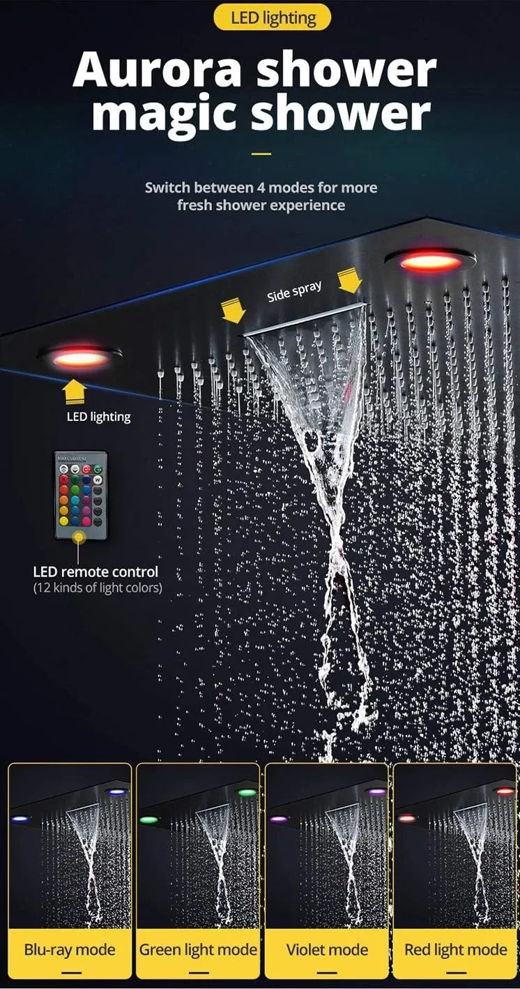 Cascada Luxury 23"x31" Rectangle Ceiling Mounted 6 Function Electronic LED Rain Shower With Waterfall,Rainfall,Rain Curtain, Remote Control Color Stainless Steel, Matt Black