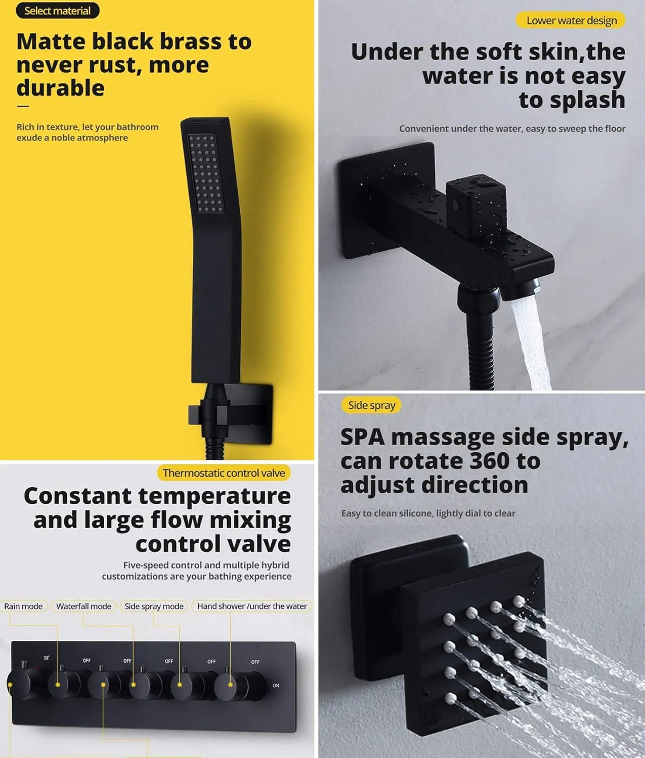 Cascada Luxury 23"x31" Rectangle Ceiling Mounted 6 Function Electronic LED Rain Shower With Waterfall,Rainfall,Rain Curtain, Remote Control Color Stainless Steel, Matt Black
