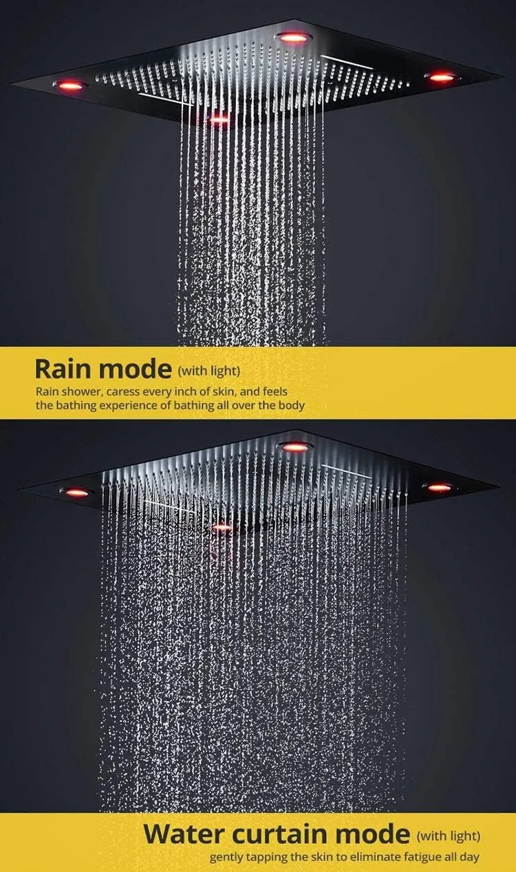 Cascada Luxury 23"x31" Rectangle Ceiling Mounted 6 Function Electronic LED Rain Shower With Waterfall,Rainfall,Rain Curtain, Remote Control Color Stainless Steel, Matt Black