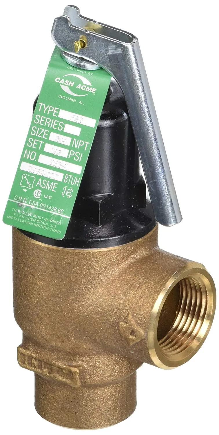 Cash Acme 3/4 Inch F-82 Relief Valve with Lever Set at 125 PSI, Bronze Plumbing Fitting, 23341-0125