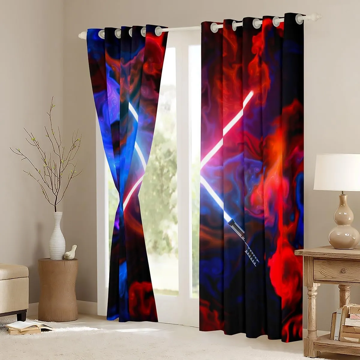 Castle Fairy Lightsaber Curtain for Bedroom,Neon Light Tie Dye Boys Modern Window Curtain for Girls Teens,Red Blue Nebula Galaxy Universe Decor Microfiber Window Treatment, 42Wx84L inch