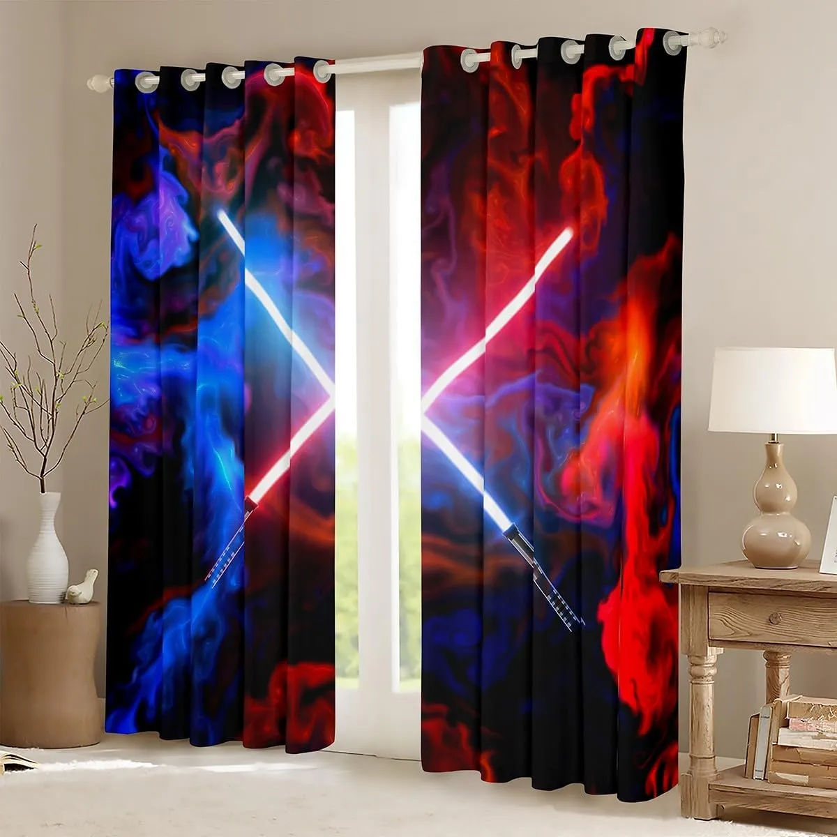 Castle Fairy Lightsaber Curtain for Bedroom,Neon Light Tie Dye Boys Modern Window Curtain for Girls Teens,Red Blue Nebula Galaxy Universe Decor Microfiber Window Treatment, 42Wx84L inch