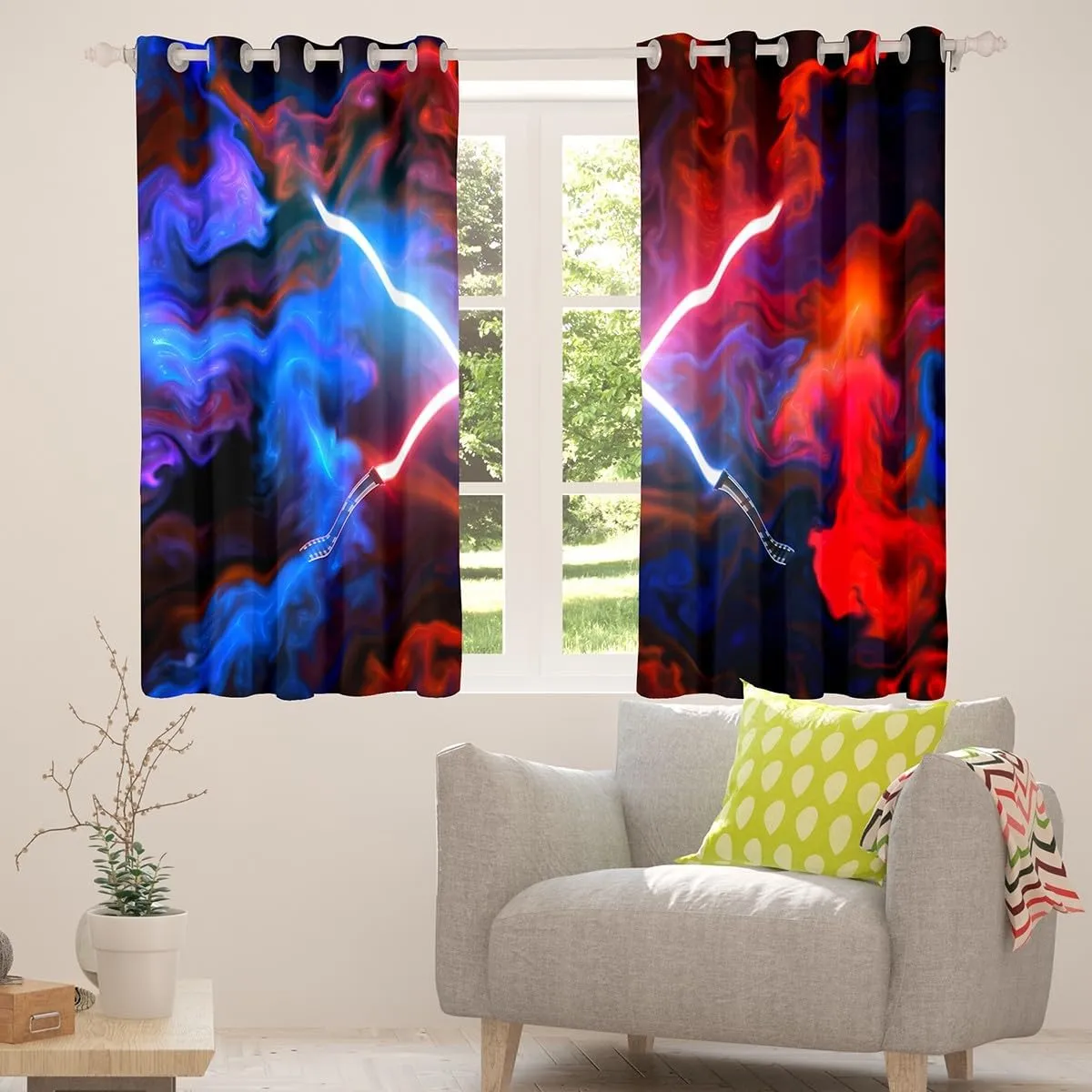 Castle Fairy Lightsaber Curtain for Bedroom,Neon Light Tie Dye Boys Modern Window Curtain for Girls Teens,Red Blue Nebula Galaxy Universe Decor Microfiber Window Treatment, 42Wx84L inch