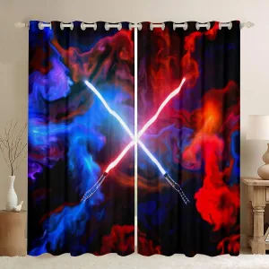 Castle Fairy Lightsaber Curtain for Bedroom,Neon Light Tie Dye Boys Modern Window Curtain for Girls Teens,Red Blue Nebula Galaxy Universe Decor Microfiber Window Treatment, 42Wx84L inch
