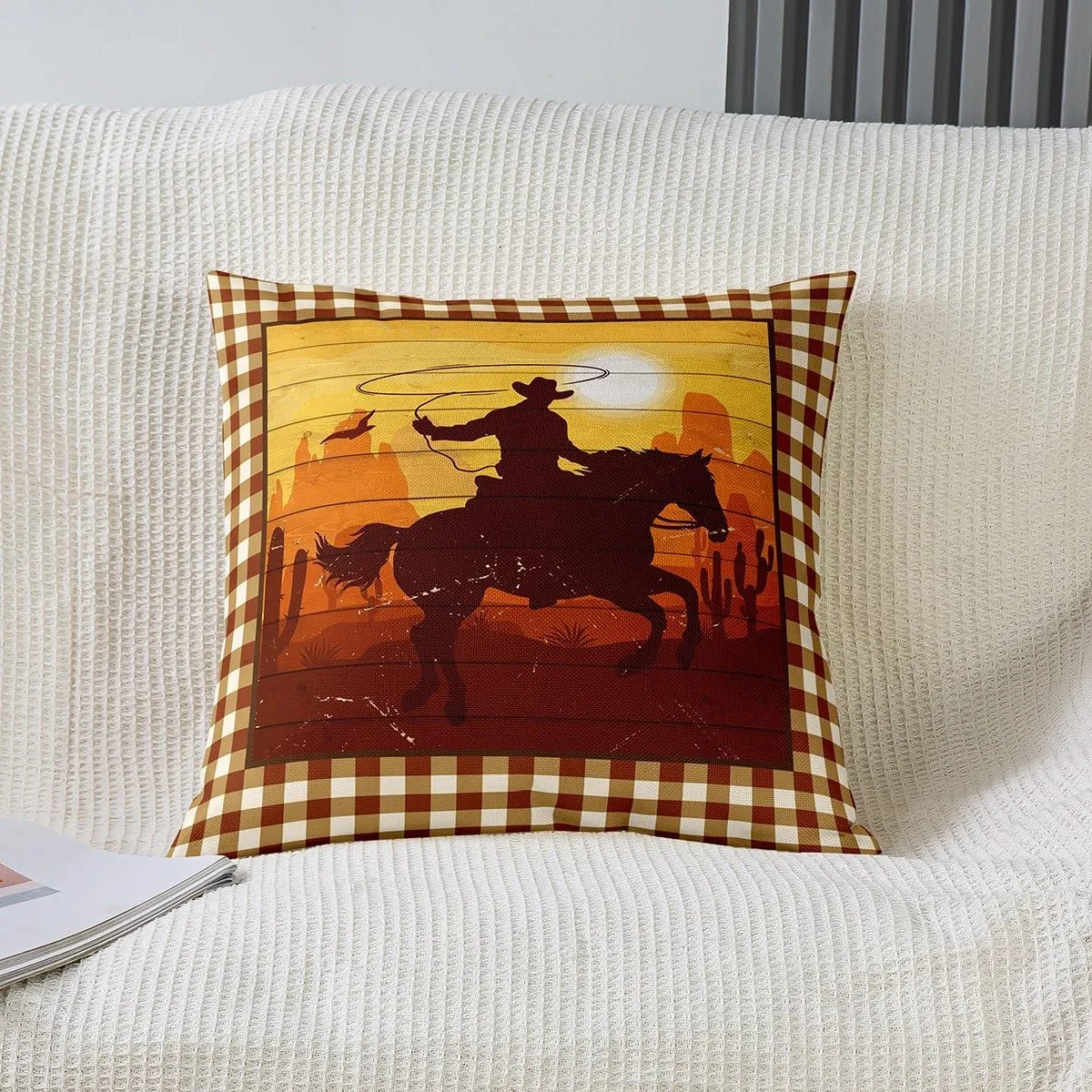 Castle Fairy Western Cowboy Pillow Cover 16"x16",Southwest Desert Sunset View Pillowcase Soft Square Cushion Case,Brown Yellow Grid Throw Pillow Cover Double Sides Print,Single Pack