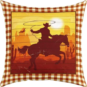 Castle Fairy Western Cowboy Pillow Cover 16"x16",Southwest Desert Sunset View Pillowcase Soft Square Cushion Case,Brown Yellow Grid Throw Pillow Cover Double Sides Print,Single Pack