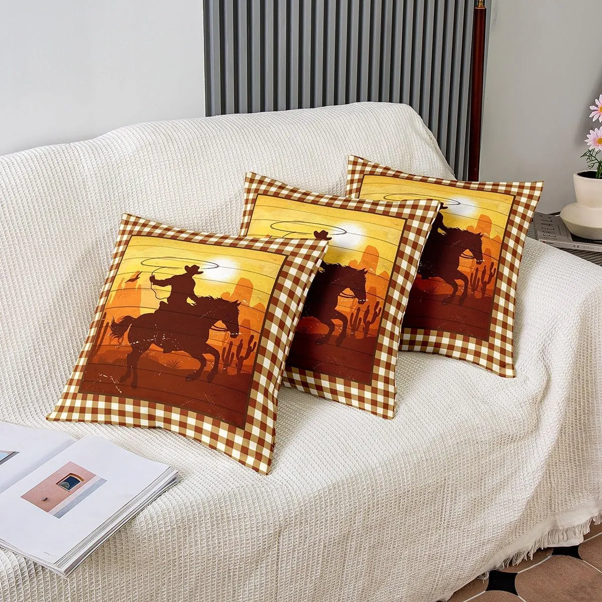 Castle Fairy Western Cowboy Pillow Cover 16"x16",Southwest Desert Sunset View Pillowcase Soft Square Cushion Case,Brown Yellow Grid Throw Pillow Cover Double Sides Print,Single Pack
