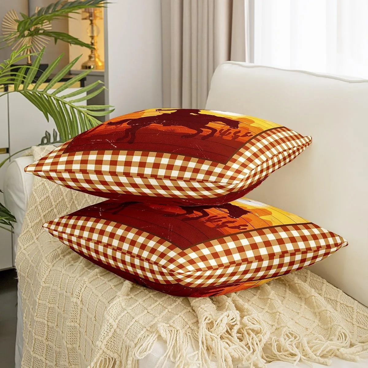 Castle Fairy Western Cowboy Pillow Cover 16"x16",Southwest Desert Sunset View Pillowcase Soft Square Cushion Case,Brown Yellow Grid Throw Pillow Cover Double Sides Print,Single Pack