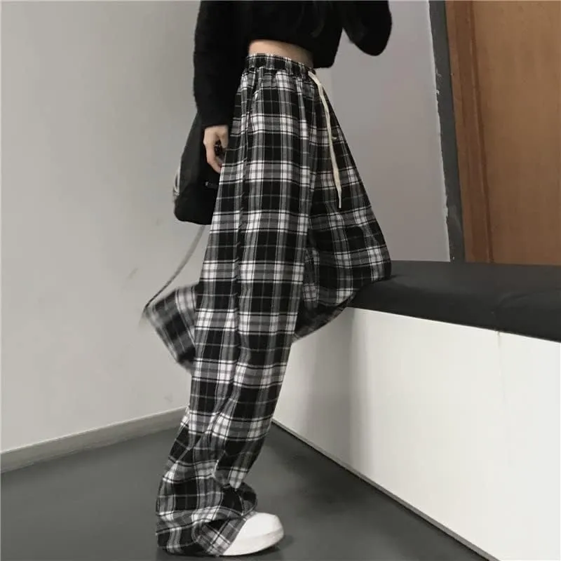 Casual Plaid Pants Y2K Goth Alt Baggy Pants Fairy Grunge Alternative Clothing Drawstring Fairycore Streetwear