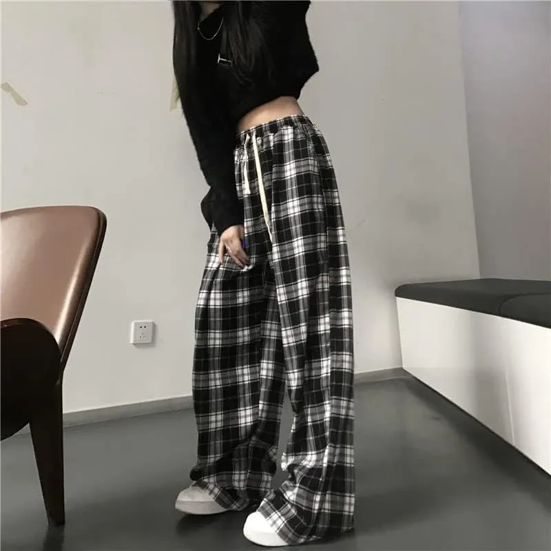 Casual Plaid Pants Y2K Goth Alt Baggy Pants Fairy Grunge Alternative Clothing Drawstring Fairycore Streetwear