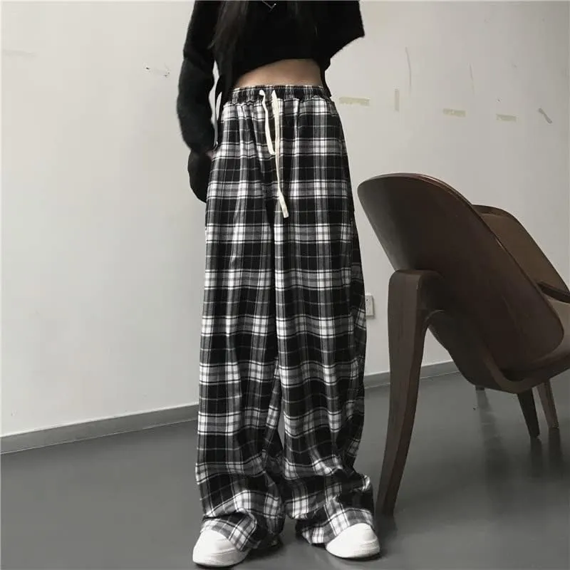 Casual Plaid Pants Y2K Goth Alt Baggy Pants Fairy Grunge Alternative Clothing Drawstring Fairycore Streetwear