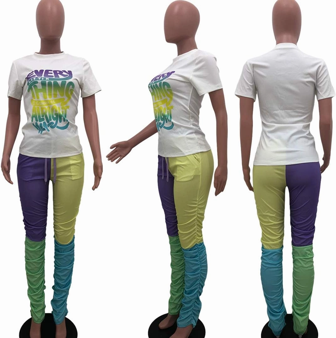 Casual 2 Piece Outfit Sets for Women Color Block Short Sleeve T-Shirts   Stacked Flare Pants Tracksuit Sweatsuit