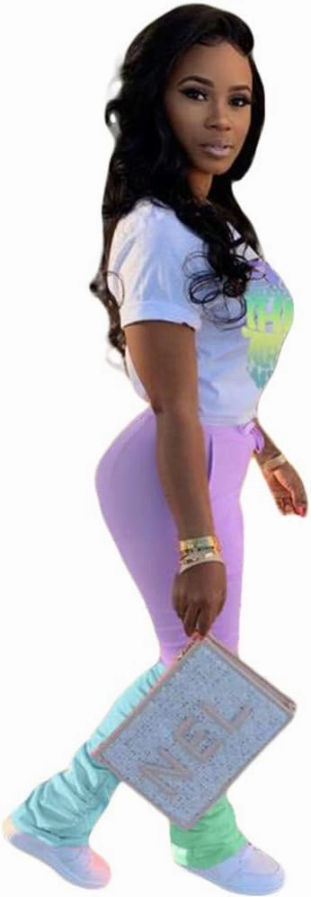 Casual 2 Piece Outfit Sets for Women Color Block Short Sleeve T-Shirts   Stacked Flare Pants Tracksuit Sweatsuit