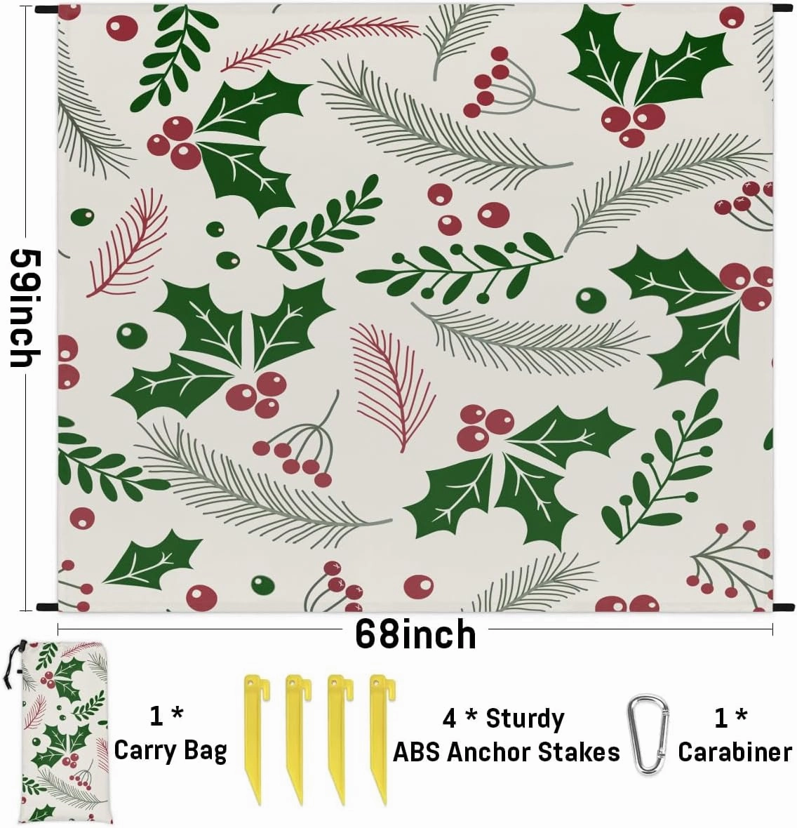 Christmas Beach Blanket, Sandproof Beach Mat, 68 x 59 Waterproof Quick Drying Sand Free Mat with 4 x Ground Spikes for Outdoor Travel Camping Hiking, Leaves