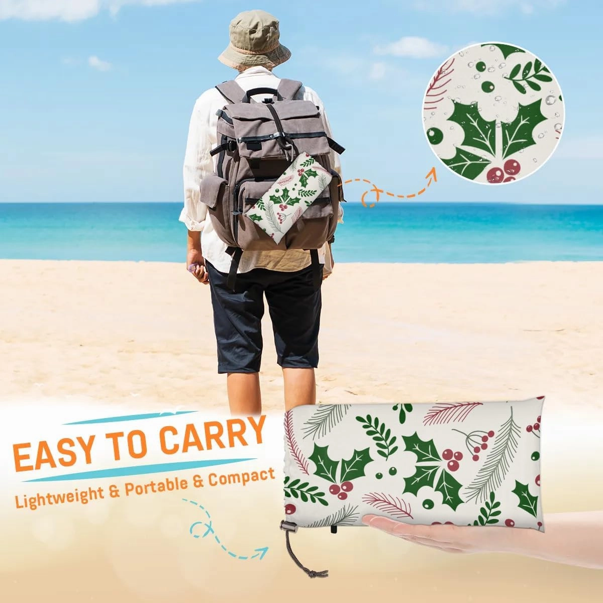 Christmas Beach Blanket, Sandproof Beach Mat, 68 x 59 Waterproof Quick Drying Sand Free Mat with 4 x Ground Spikes for Outdoor Travel Camping Hiking, Leaves