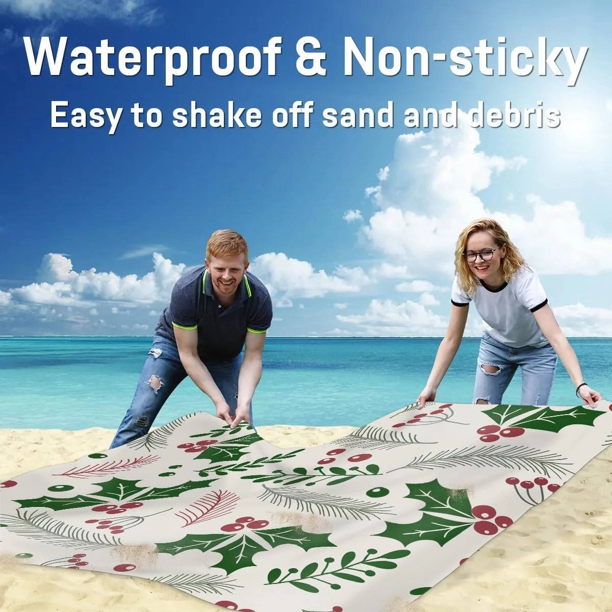 Christmas Beach Blanket, Sandproof Beach Mat, 68 x 59 Waterproof Quick Drying Sand Free Mat with 4 x Ground Spikes for Outdoor Travel Camping Hiking, Leaves