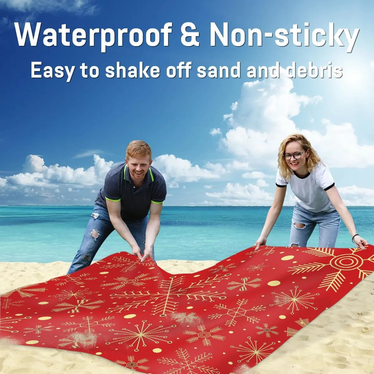 Christmas Holiday Beach Blanket, Sandproof Beach Mat, 68 x 59 Waterproof Quick Drying Sand Free Mat with 4 x Ground Spikes for Outdoor Travel Camping Hiking, Winter Snowflake