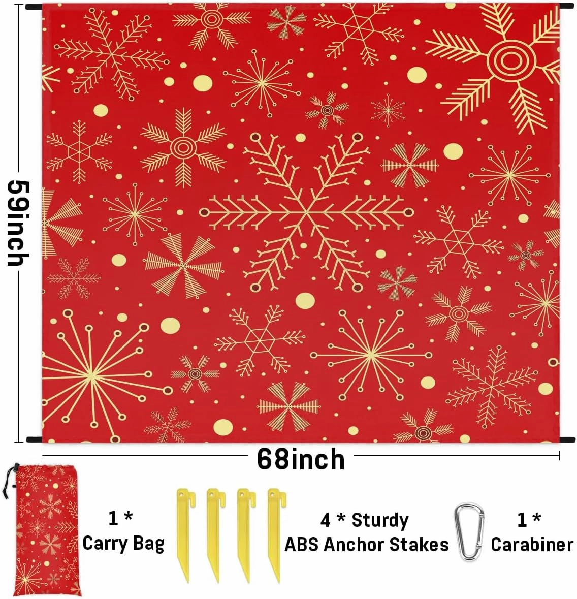 Christmas Holiday Beach Blanket, Sandproof Beach Mat, 68 x 59 Waterproof Quick Drying Sand Free Mat with 4 x Ground Spikes for Outdoor Travel Camping Hiking, Winter Snowflake