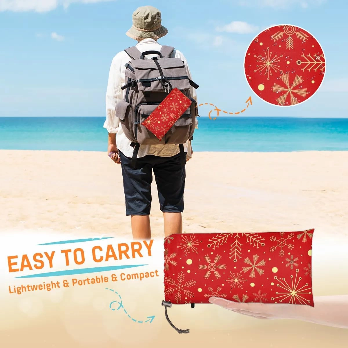 Christmas Holiday Beach Blanket, Sandproof Beach Mat, 68 x 59 Waterproof Quick Drying Sand Free Mat with 4 x Ground Spikes for Outdoor Travel Camping Hiking, Winter Snowflake