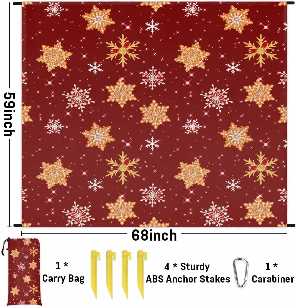 Christmas Pattern Beach Blanket, Sandproof Beach Mat, 68 x 59 Waterproof Quick Drying Sand Free Mat with 4 x Ground Spikes for Outdoor Travel Camping Hiking, red Snowflakes