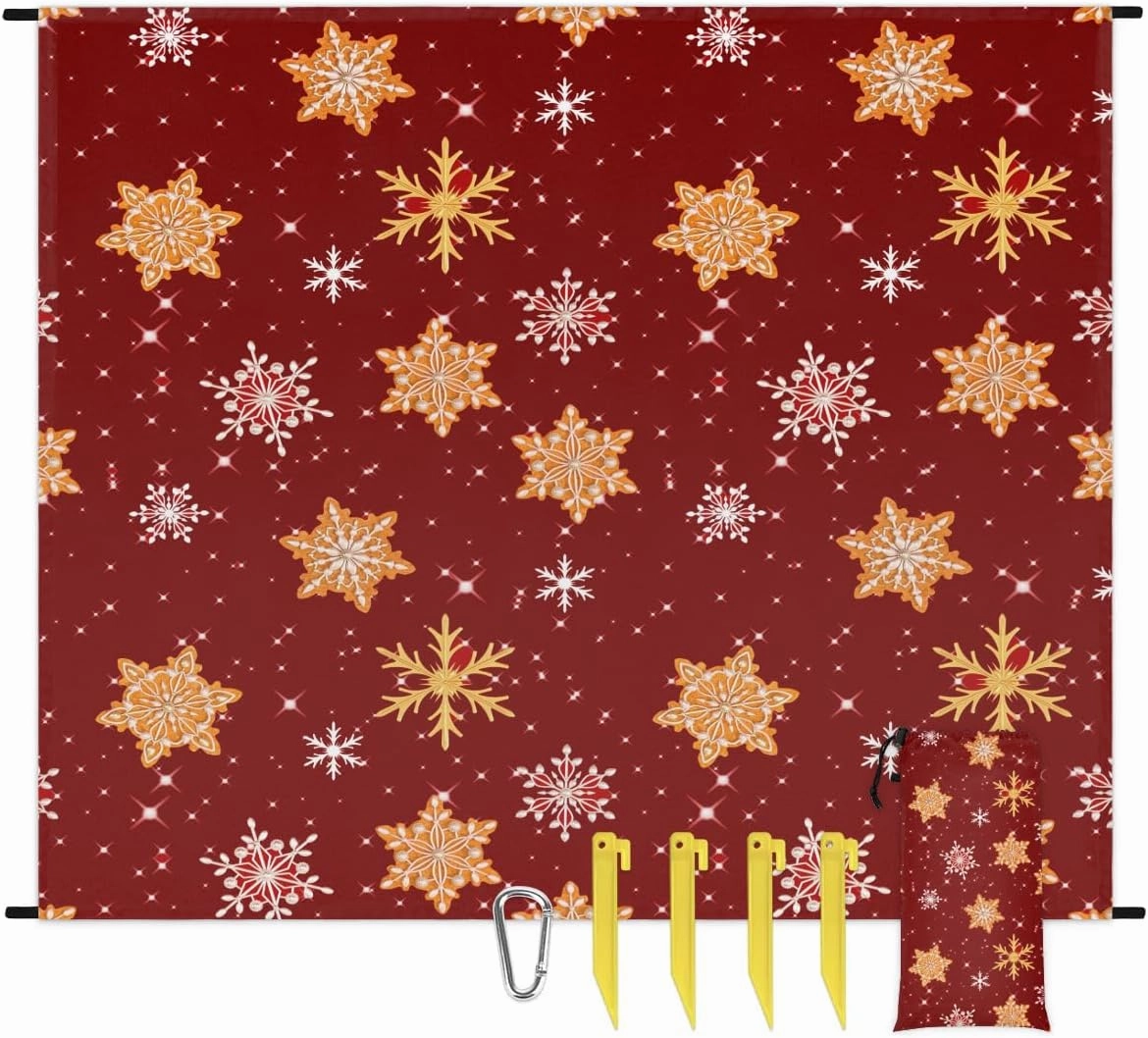 Christmas Pattern Beach Blanket, Sandproof Beach Mat, 68 x 59 Waterproof Quick Drying Sand Free Mat with 4 x Ground Spikes for Outdoor Travel Camping Hiking, red Snowflakes